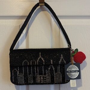 BNWT MADE IN INDIA Black Beaded New York Cityscape Women's Shoulder Bag